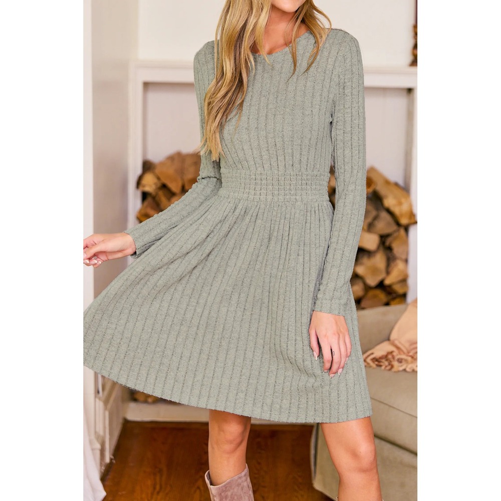 Cupshe Sage Green Ribbed Knit Smocked Waist Long Sleeve Fit and Flare Mini Dress